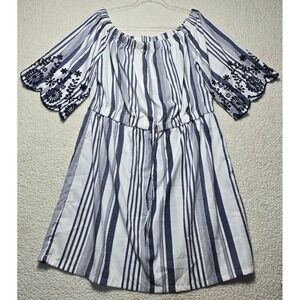 Stylehouse Blue White Striped Off Shoulder Mini Dress Floral Embroidered 2X